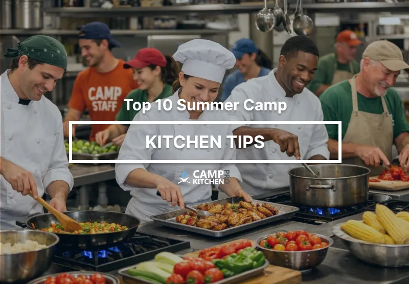 A camp kitchen crew in aprons and chef whites cooking together at the range, trays of fresh vegetables on the counter in front of them.